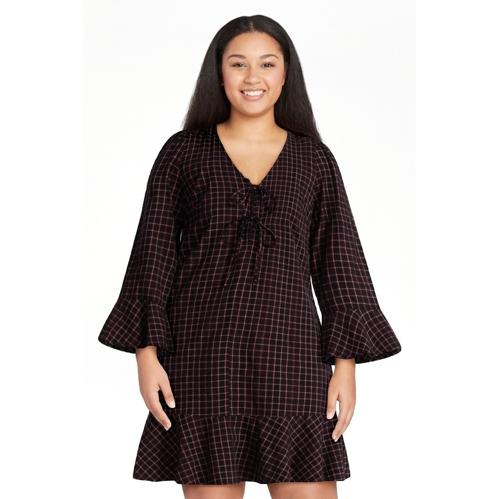 TIME & TRU Plaid‎ Tie Front Mini Dress Bell Sleeves XXXL (22W) Black Red 3XL NWT